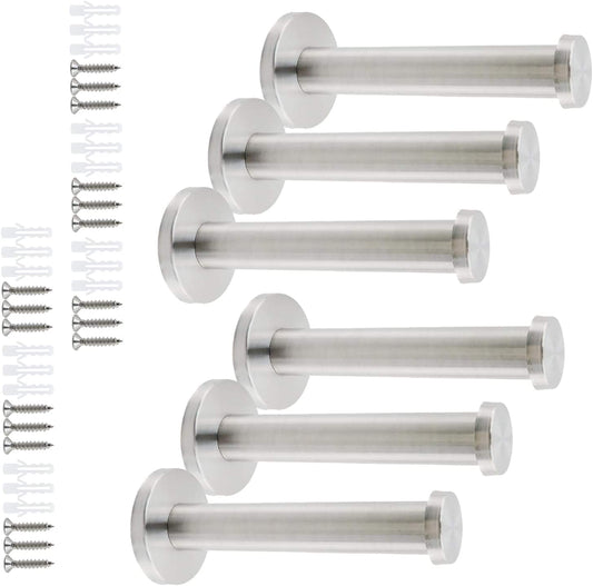Pack of 6 stainless steel wall coat hooks with round back plates