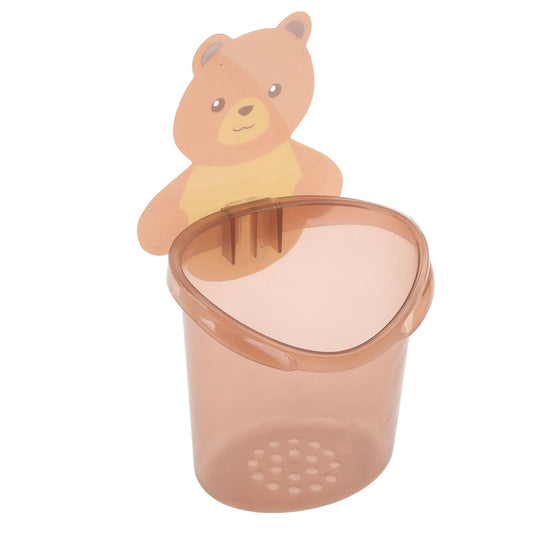 Bear-themed plastic toothbrush holder cup with hinged cover, open top for brushes