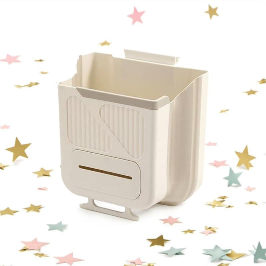 Wall-mounted cabinet door bin with handle, open interior and folded front panel