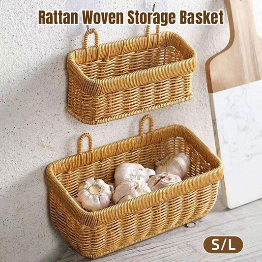 Rattan woven hanging storage basket, rectangular shape with two loop handles, brown