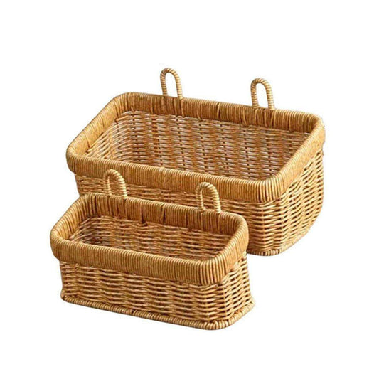 Rattan woven hanging storage baskets set, large and small rectangular with loop handles, brown