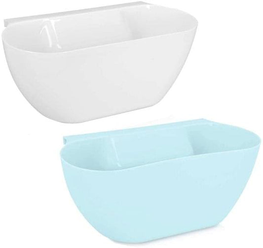 White and light-blue hanging waste bins, glossy rounded containers for wall mounting.