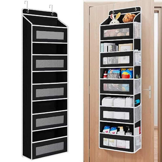 Wall-mounted hanging organizer with front pockets and hooks, black fabric
