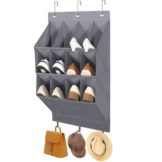 Dark gray over-door shoe organizer with multiple fabric compartments and top hooks