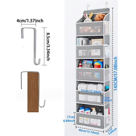 Gray wall-mounted organizer with clear pockets, shelves, and hanging hooks