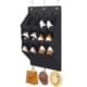 Wall-mounted shoe organizer with gray fabric pockets and hanging hooks