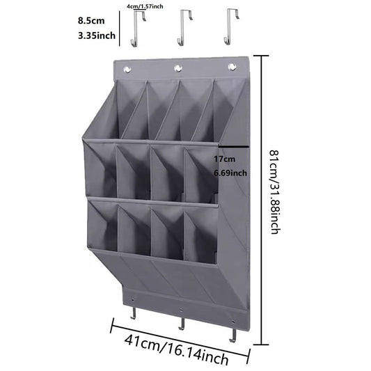 Wall-mounted organizer panel with multiple cubby compartments and metal hanging hooks