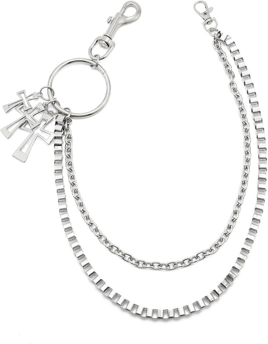 Metal wallet chain with clasp, round ring, and hanging cross charm details
