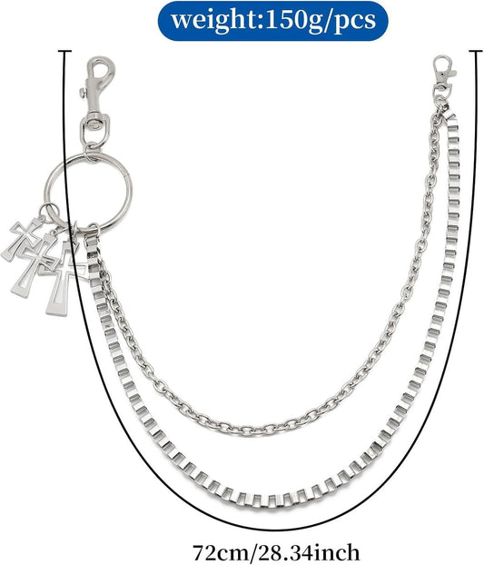 Silver-tone wallet chain with two clamps, round ring, and layered curb chain segments
