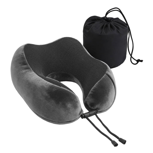 Wanderlite grey memory foam travel neck pillow with black drawstring storage bag on white background