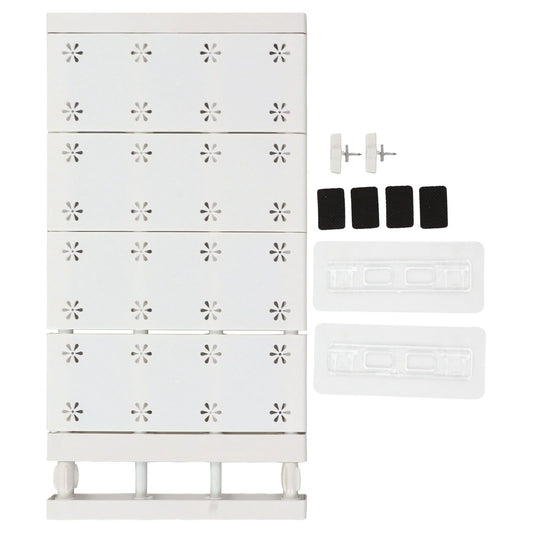 Extendable storage partition board with white floral pattern panels and mounting pieces