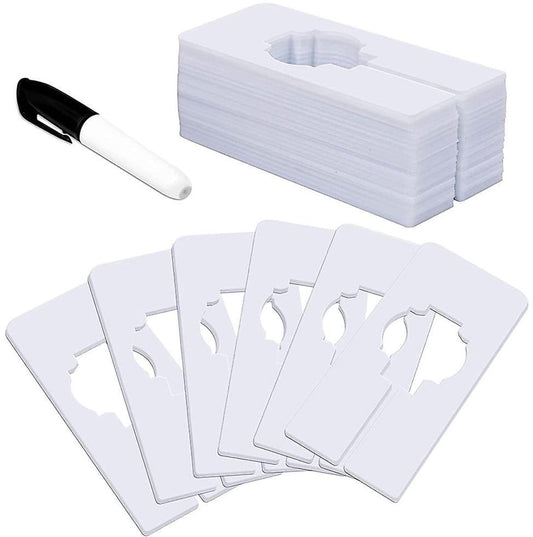 White rectangular closet dividers set, stacked with hanger-shaped cutouts