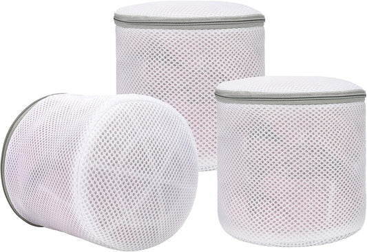 3-pack lingerie wash bags, white mesh cylinders with gray zipper lids