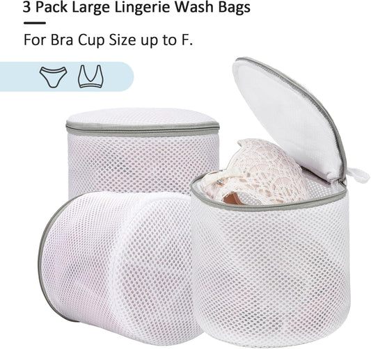 3-pack lingerie wash bags with open mesh cylinder and bra cup inside
