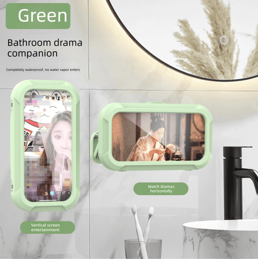 Green waterproof phone holder with transparent touch-screen window for shower use