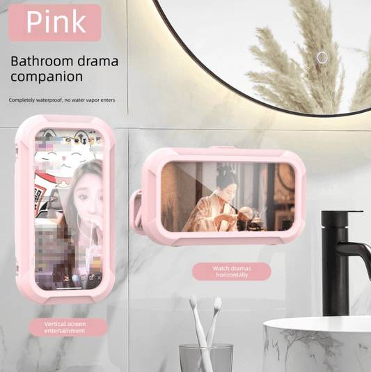 Pink waterproof phone holder wall mount with retractable touch-screen case, anti-fog