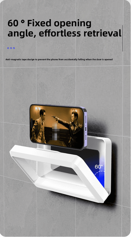 White wall-mounted phone holder with fixed opening angle and protective touch-screen case