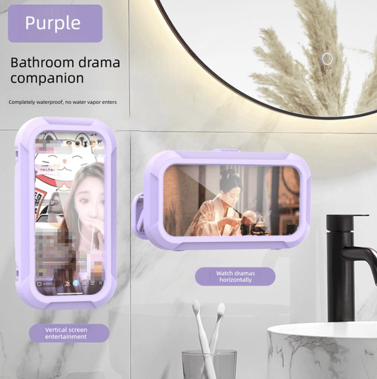 Purple waterproof shower phone holder with wall mount and transparent touch screen case