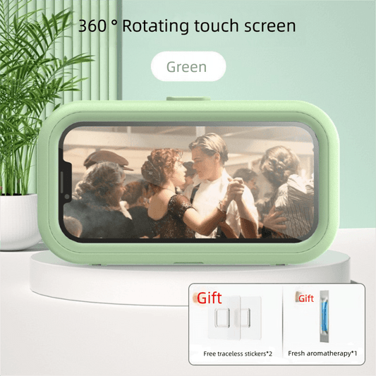 Green waterproof phone holder with clear anti-fog case and horizontal screen window