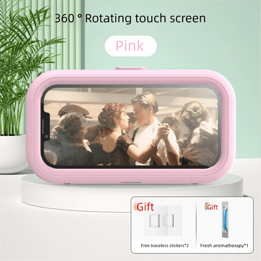 Pink waterproof phone case with wall-mount frame and landscape screen view