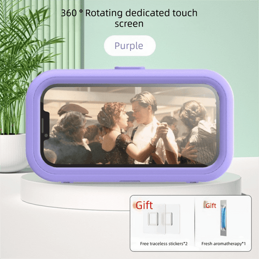 Purple waterproof phone case wall mount with transparent touch-screen window, landscape view