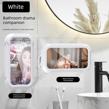 Waterproof Shower Phone Holder White Wall Mount - 360° Rotating Retractable Anti-Fog Touch Screen Case for Bathroom & Kitchen - Fits Phones up to 6.8 Inch