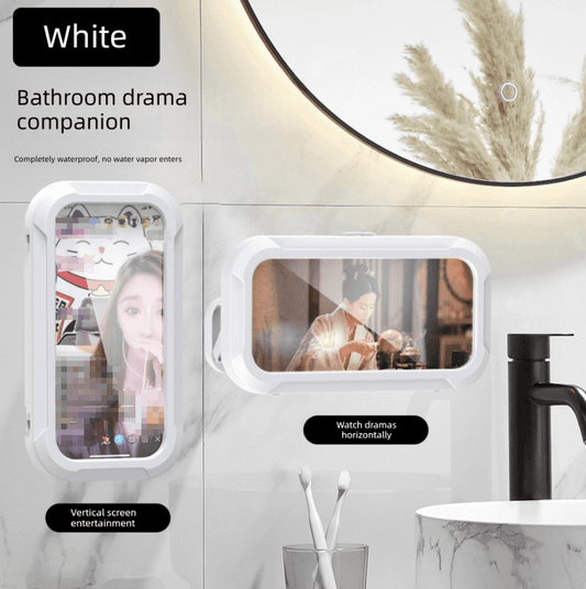 White waterproof phone holder wall mount with phone in touch screen case