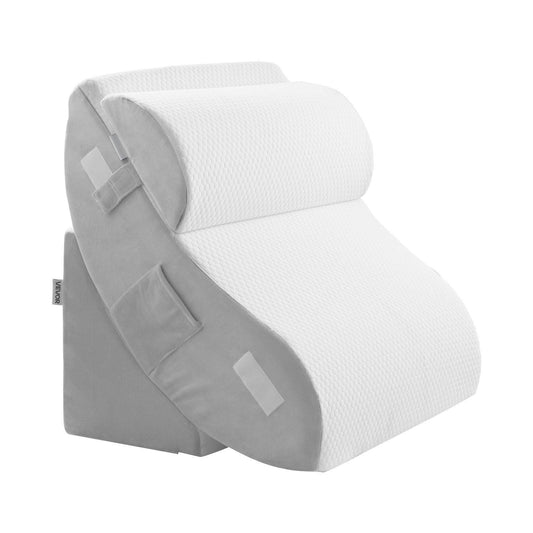 White and gray orthopedic bed wedge pillow with adjustable support strap