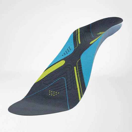Running performance insole, dark navy with blue and neon green accents, textured top