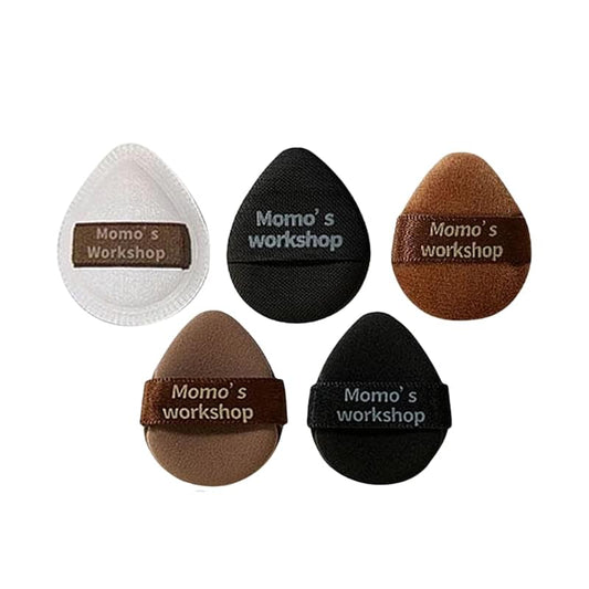 Mini makeup puffs set of 5 teardrop sponges in white, black, and brown tones