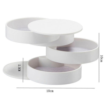 White 4-Layer Rotating Jewelry Storage Box - Dust-Proof Velvet Lined Organizer for Rings, Coins, and Hair Accessories (10x10CM)