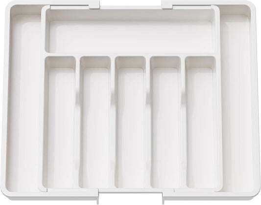 White adjustable cutlery tray insert with 5 divider compartments