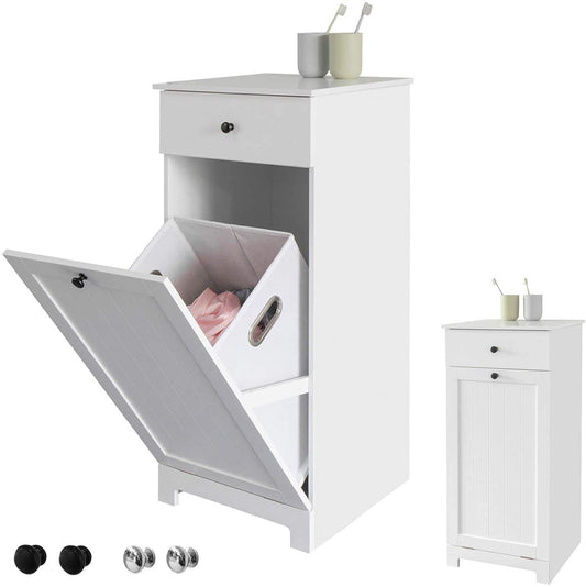 White bathroom cabinet with pull-out drawer and open laundry hamper door, metal handle