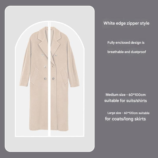 Translucent hanging suit cover bag with white zipper, beige coat inside