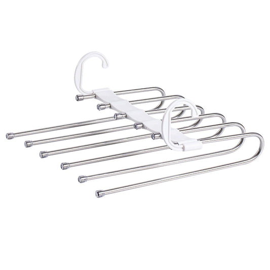 White foldable pants rack hanger with multi-tier metal bars and hanging hooks