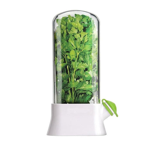 White herb keeper with clear dome and green clip, holding fresh herb stems
