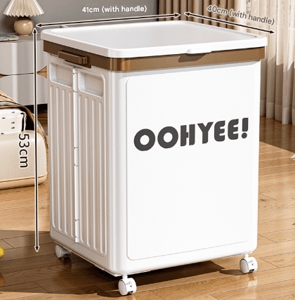Large foldable storage box with lid and caster wheels, white, OOHIYEE logo