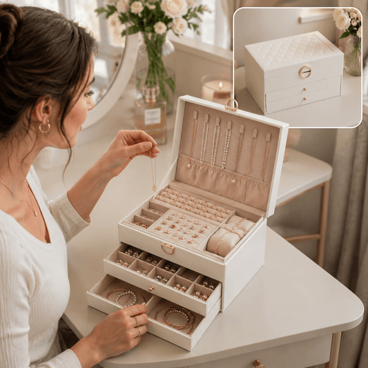 Lockable white jewellery box with three drawers, open compartments for rings and necklaces