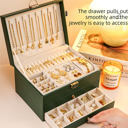 White Large Lockable Jewellery Box with 3 Drawers PU Leather Jewellery Organiser Case for Rings Earrings Necklaces Watches and Bracelets