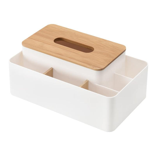 White tissue box organizer with bamboo lid and open center slot, with internal dividers