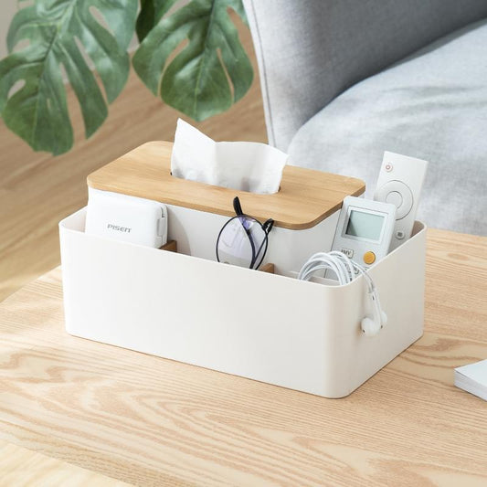 White tissue box organizer with bamboo lid, open top with side compartments for storage