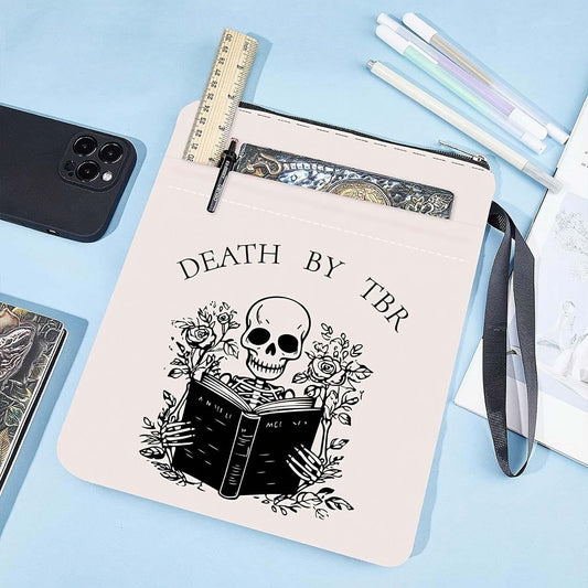 White book sleeve with black zipper and wrist strap; skull and roses illustrated graphic