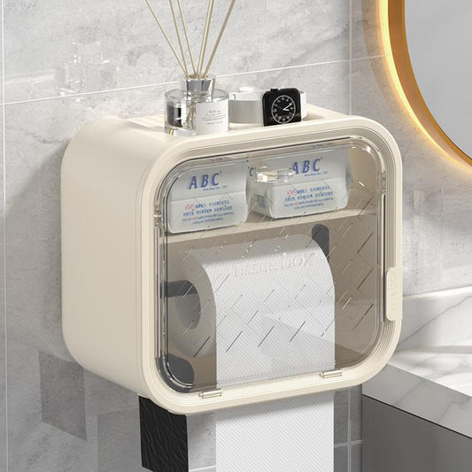 Wall-mounted tissue box holder with hinged clear front cover showing paper towel roll inside