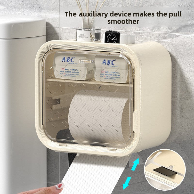 White Wall Mounted Dual Layer Bathroom Tissue Box Holder with Storage Drawer Waterproof Dispenser for Toilet Paper and Tissues