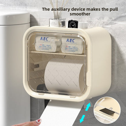 White Wall Mounted Dual Layer Bathroom Tissue Box Holder with Storage Drawer Waterproof Dispenser for Toilet Paper and Tissues