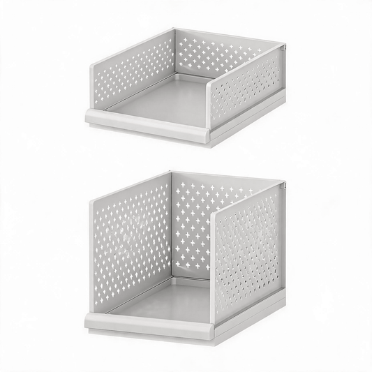 White pull-out wardrobe drawer organizer with perforated side panels and front
