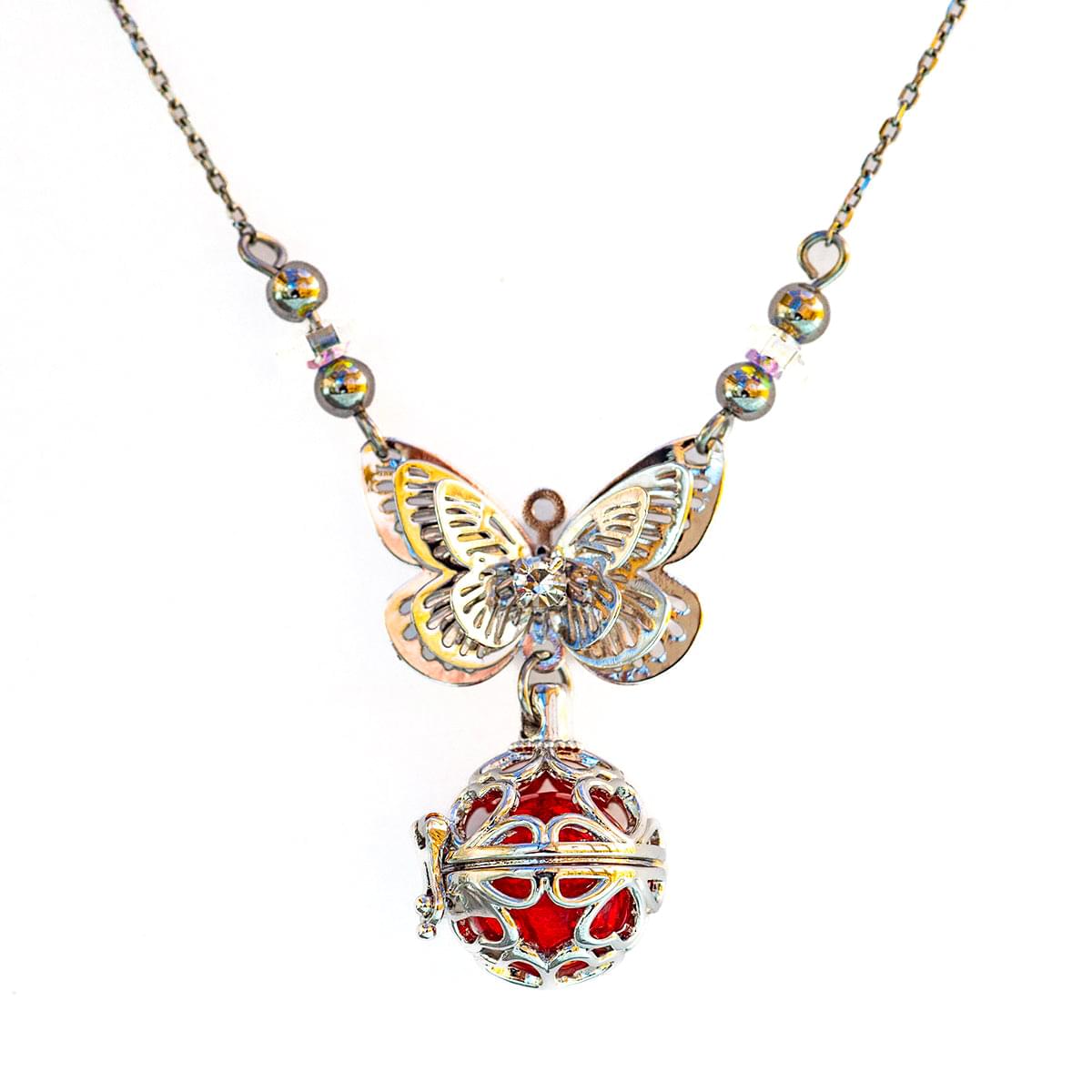 Silver-tone butterfly charm necklace with teardrop diffuser locket and rainbow beads