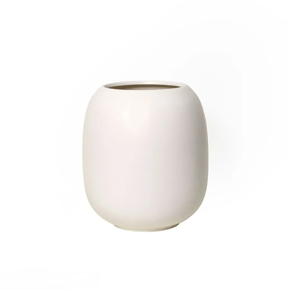 Matte white ceramic vase with open top and rounded, tapered body