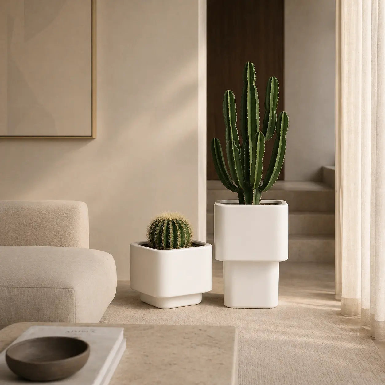White stacked cube planters set with two cactus plants