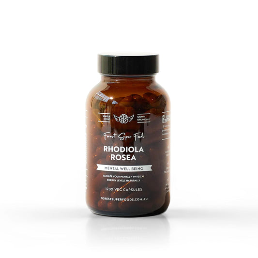 Rhodiola rosea supplement bottle with black screw cap and amber front label